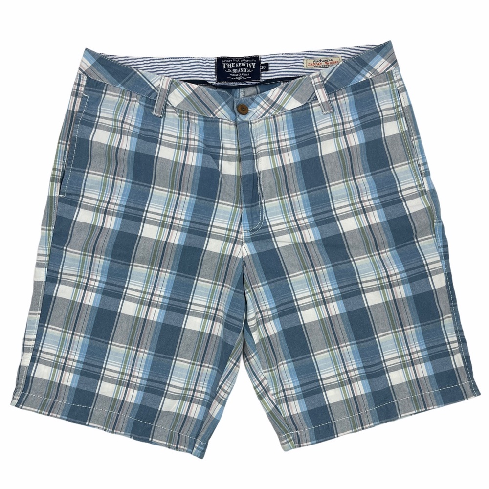 The New Ivy Brand Mens Size 38 Madras Shorts Blue Green Plaid Summer Preppy Frat